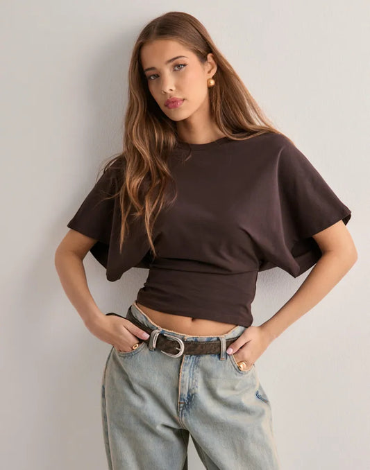 Monde Dames T-shirt met Wijde Mouwen – Ronde Hals – Zwart – Katoenmix – Getailleerde Pasvorm
