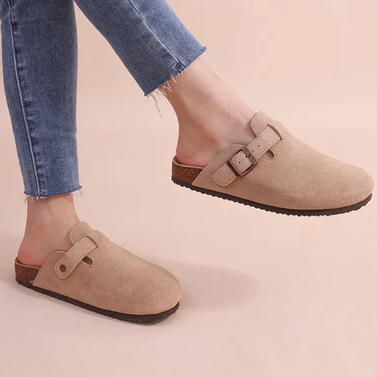 Veloria Dames Suède Slippers met Kurkvoetbed en Verstelbare Bandjes