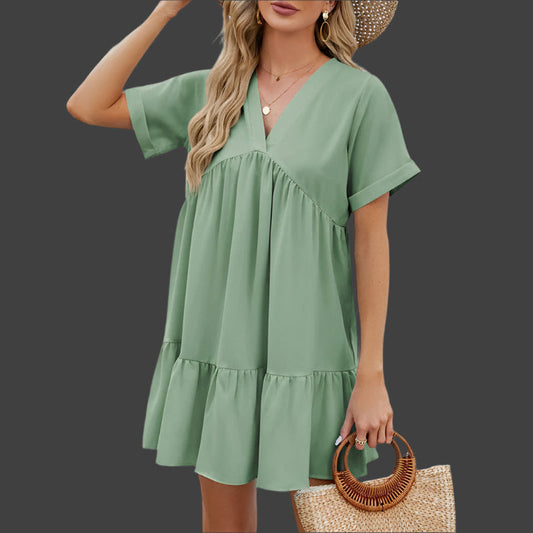 Monde Losse V-Hals Plissé Korte Jurk voor Dames – Zomerjurk met Korte Mouwen, Polyester, Uni Kleur