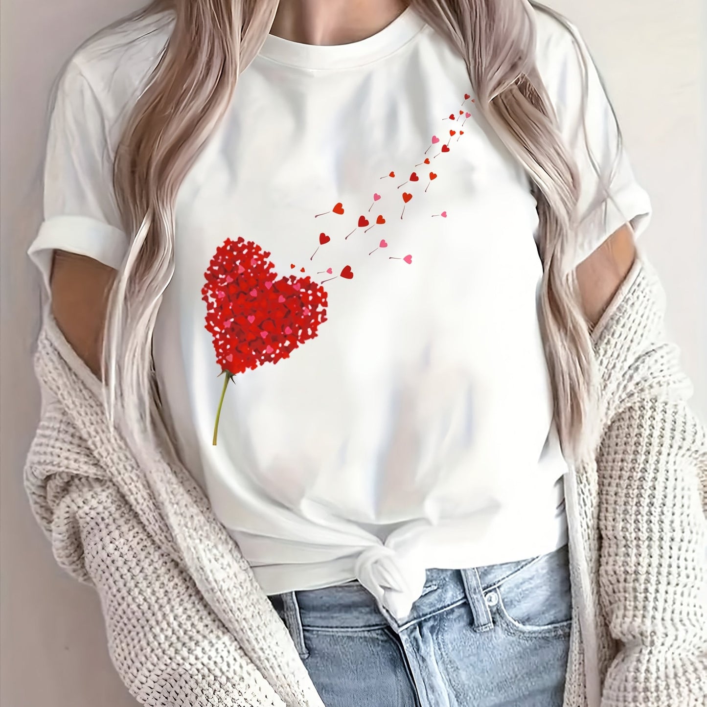 Élanor Romantisch T-shirt met roze harten en bloemenprint – Regular fit katoenmix